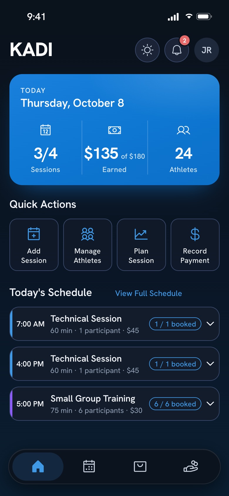 The KADI coach Home for Thursday, October 8: 3 of 4 sessions done, $135 of $180 earned, 24 athletes, and today's three sessions.